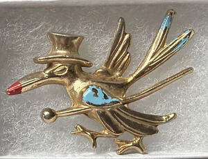 Vintage Roadrunner Natty Bird Pin Brooch Stork Gold Tone Enamel Top Hat Cane